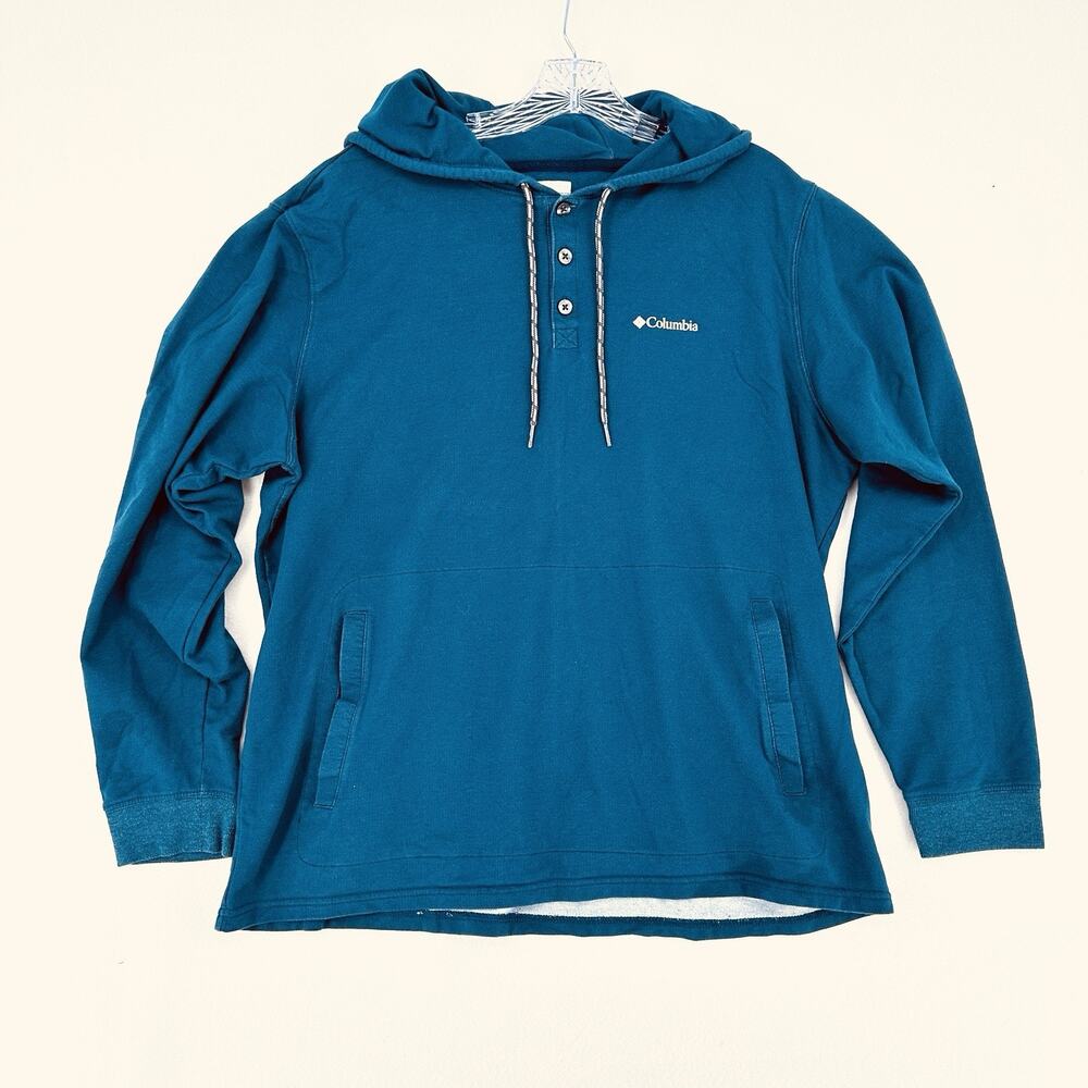 Columbia Teal Pullover Hoodie Sweatshirt Mens Large Outdoor Logo EUC - Picture 2 of 15